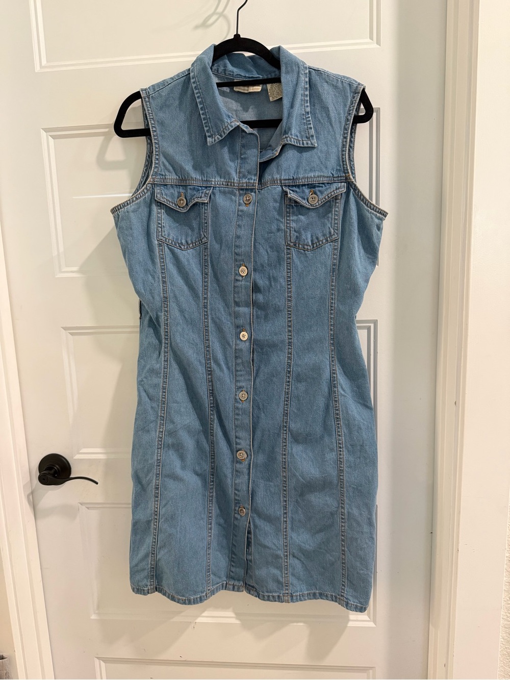 Expressions VINTAGE sz Large-100% Cotton-Blue Sleeveless Denim Button Dress!! - Picture 2 of 5